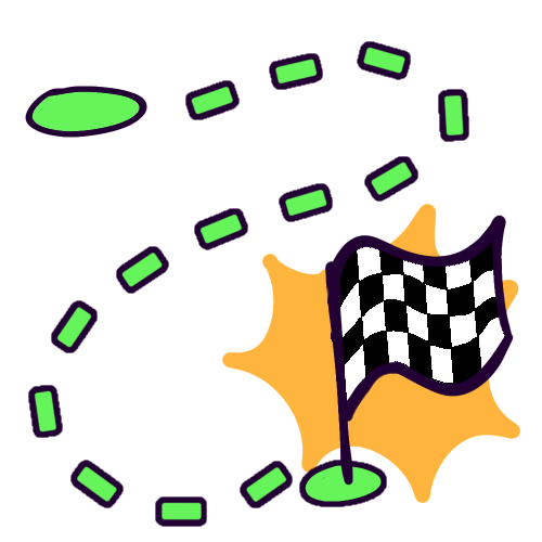 A green dot marking the start of a trail of green dashed lines, ending at another green dot marked with a checkered flag in front of an orange starburst.