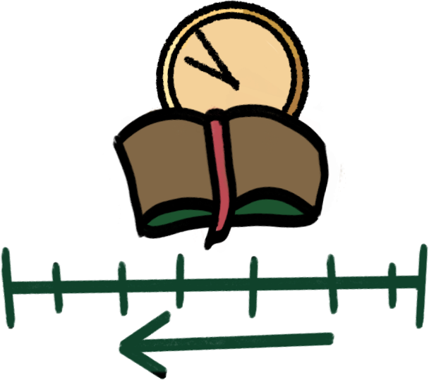 A dark green timeline, with an arrow pointing to the left. Above it is a book with light brown pages, a dark green cover, and a red bookmark. Behind that is a clock, turned to the left.