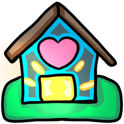 a blue house with a green yard and brown roof. it has a big yellow open door glowing with light, and a pink heart above that.