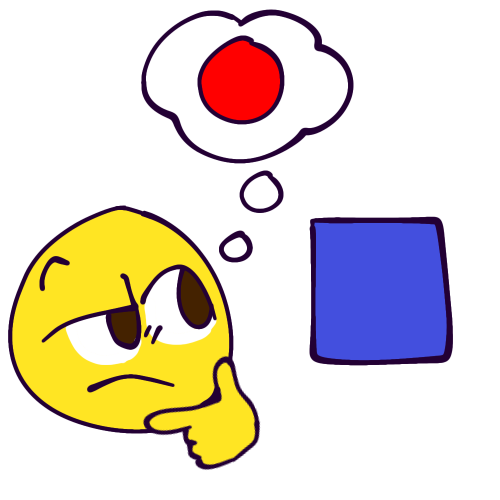  A yellow head like an emoji pondering a blue square in front of them. Through a thought bubble, they’re thinking of a red circle.