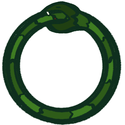 a green snake in a circle, biting its own tail.