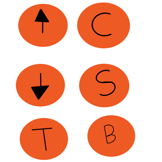 orange circles organized in columns and rows. The first row has the circles with the up arrow and the C. The second row has the circles with the down arrow and the S. The third row has the circles with the T and B.