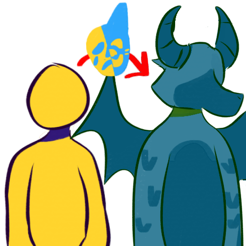 A featureless yellow person and a featureless anthropomorphic blue dragon standing side by side. A symbol reminiscent of a theatre mask is between them, with a sad yellow human-like face on the left side, and a happy blue animal-like face on the right side. An arrow goes from the human, through the mask, to the dragon.