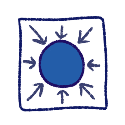 a blue circle in a blue outline of a square with arrows pointing to it.