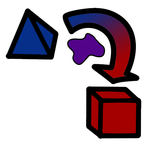 A drawing of a blue triangular prism which has a blue to red arrow leading from it to a red cube, with a purple splat in the curve of the arrow.