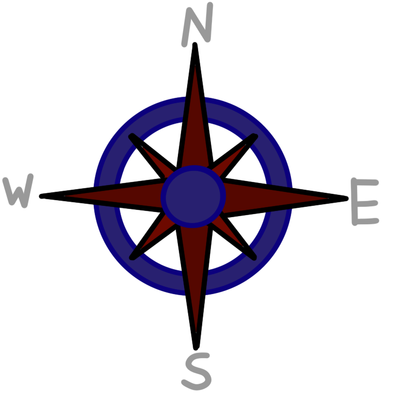 A drawing of the face of a compass. The face of the compass has four large red spikes protruding from a blue circle as well as four smaller lighter red spikes each positioned between the large spikes. Each of the large spikes has a letter above it the letters are movinge clockwise N for north, E for East, S for South, and W for west