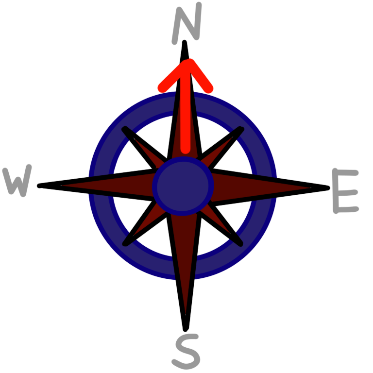 A drawing of the face of a compass. The face of the compass has four large red spikes protruding from a blue circle as well as four smaller lighter red spikes each positioned between the large spikes. Each of the large spikes has a letter above it. The letters are moving clockwise N for north, E for East, S for South, and W for west. There is a neon red arrow pointing towards the N.