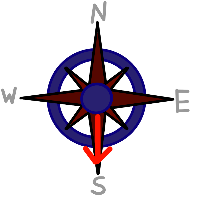 A drawing of the face of a compass. The face of the compass has four large red spikes protruding from a blue circle as well as four smaller lighter red spikes each positioned between the large spikes. Each of the large spikes has a letter above it. The letters are moving clockwise N for north, E for East, S for South, and W for west There is a neon red arrow pointing towards the S.