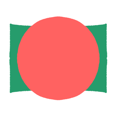 A drawing of a green rectangle with a large pink circle in front of it.