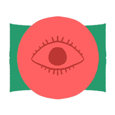 A drawing of a green rectangle with a large pink circle in front of it, which has a drawing of an eye on it.