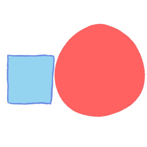 A drawing of a large pink circle next to a small blue square.