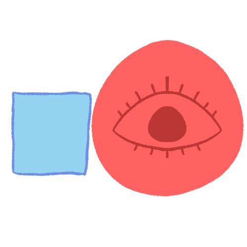 A drawing of a large pink circle next to a small blue square. The circle has a drawing of an eye on it.