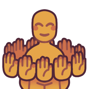 a figure with a pleased expression surrounded by a ring of floating hands making a “stop” symbol (a hand held out flat).