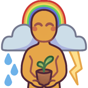 an emoji of a person from the hips up, holding a pot with a plant in it. On either side of them are identical clouds, one with rain and one with thunder, and a rainbow arcs over the person’s head and connects them.