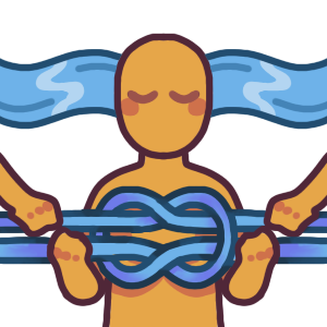  an emoji of a person holding a square knot in front of them. They hold the bottom sections of the rope, and two other people hold the top sections. They have a calm expression. A river flows behind them, positioned behind their head.