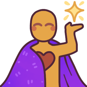 an emoji of a figure raising one arm and showing a floating yellow star. They have a heart in the middle of their chest, and are wearing a purple garment that doubles as both a cape and a blanket. One side is drawn similar to a superhero’s, and the other side has some texturing.