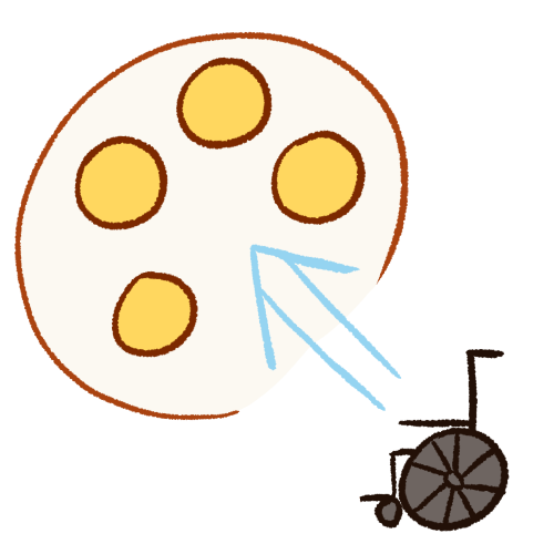 a digitally drawn symbol of a manual wheelchair next to a blue arrow, pointing inside a white circle with yellow circles inside of it