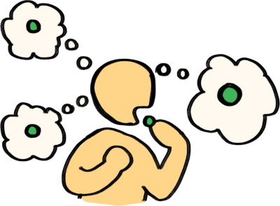 A person placing a green circle, which represents something they are addicted to, into their mouth. Their other hand is on their chest. There are three thought bubbles from their head, all with a green circle in them.