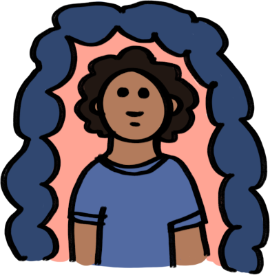 A person with a sharp pink shape around them, and a dark blue cloud shape ringing around that. The person has brown skin, short and curly dark hair, and is wearing a blue t-shirt.