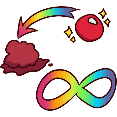 image of a rainbow arrow pointing from a shiny red ball to a red clump of mush next to a rainbow infinity sign