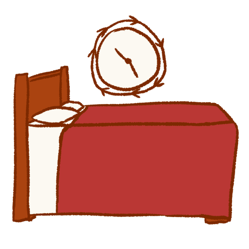 A drawing of a red double bed. Above it is a clock with circular arrows all around it.