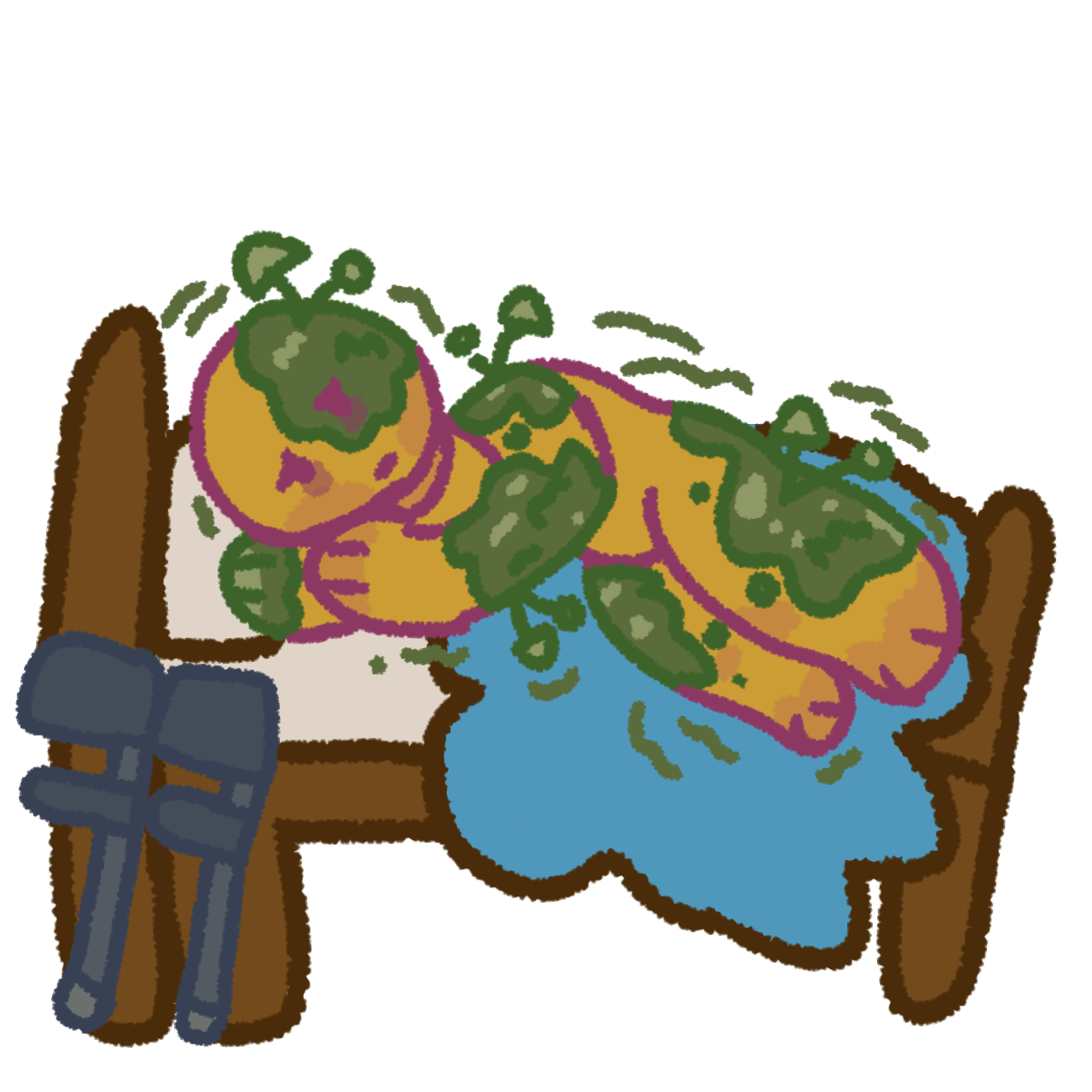an ill, tired yellow person laying on a brown bed with a white mattress, pillow, and blue blanket. The yellow person has patches of green mold on them with pale green mushrooms growing out of the mold, including a patch of mold on the right half of their face. On the side of the bed is a pair of forearm crutches and there are green squiggly lines around the person emphasizing their exhaustion