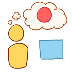 a featureless person next to a blue rectangle. they have a thought bubble with a pink circle in it.