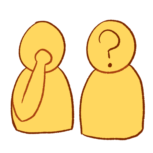 A drawing of two simplified people next to each other. The one on the left is holding their nose and the one on the right has a brown question mark on their head.