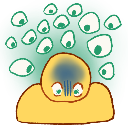 A drawing of a person with their shoulders raised, looking down and looking very distressed. They are surrounded by green eyes which stare at them. Behind them is a green glow.