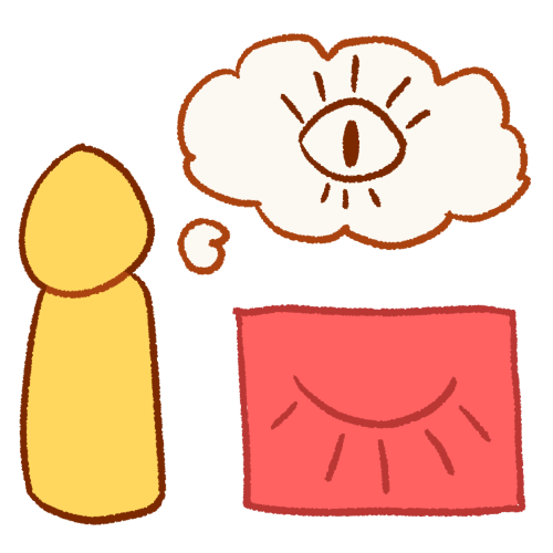 A drawing of a person standing next to a box, which has a closed eye on it. The person has a thought bubble coming from them which has an open eye in it.