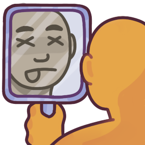 A person pictured from behind, looking into a mirror. Their reflection has grey skin, and a stereotypical “dead” face (X’s for eyes, a flat mouth, and sticking their tongue out).