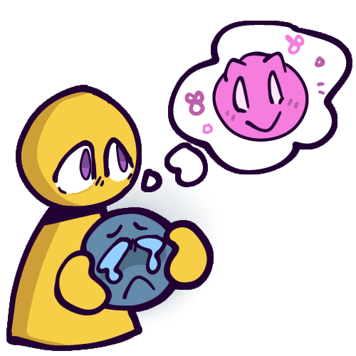  A drawing of a yellow, featureless person holding a dark blue-grey ball bearing a sad, crying face. The person, who appears tired or mildly distressed, isn’t looking at the sad ball, and is thinking about a bright pink, smiling ball. The person is depicted very simplistically, with a pawn-shaped body and floating hands with no limbs, and no facial features other than eyes.