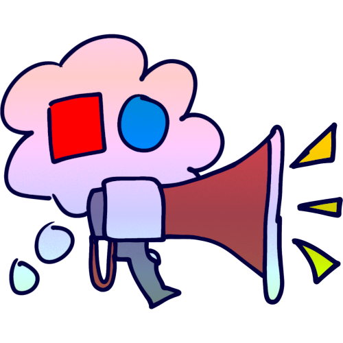 a thought bubble with a red square and blue circle inside. In front of it is a red loudspeaker that has three triangles coming out from it, representing noise. Overlaying all these objects is a slight rainbow gradient noise filter. 