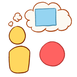 a featureless person next to a pink circle. they have a thought bubble with a blue rectangle in it.