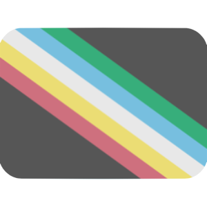 The “straight diagonal” version of the disabled pride flag, in a rectangle with rounded corners. It is a charcoal grey flag with a diagonal band from the top left to the bottom right corner, made up of five parallel stripes in green, blue, pale grey, gold, and red.