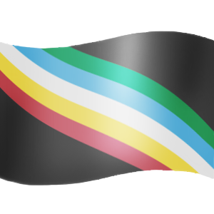 The “straight diagonal” version of the disabled pride flag, in the shape of a waving flag. It is a charcoal grey flag with a diagonal band from the top left to the bottom right corner, made up of five parallel stripes in green, blue, pale grey, gold, and red.