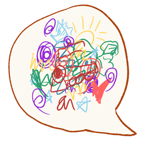 a speech bubble with swirls and scribbles of many colors in it