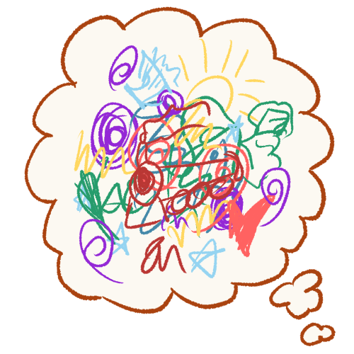 a thought bubble with swirls and scribbles of many colors in it