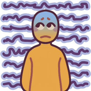 a figure with an uncomfortable expression and blue gradient on their face looking behind them, where there’s many rows of unreadable “writing” (squiggles).