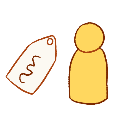 a drawing of a label tag next to a person, with the label tag on the left.