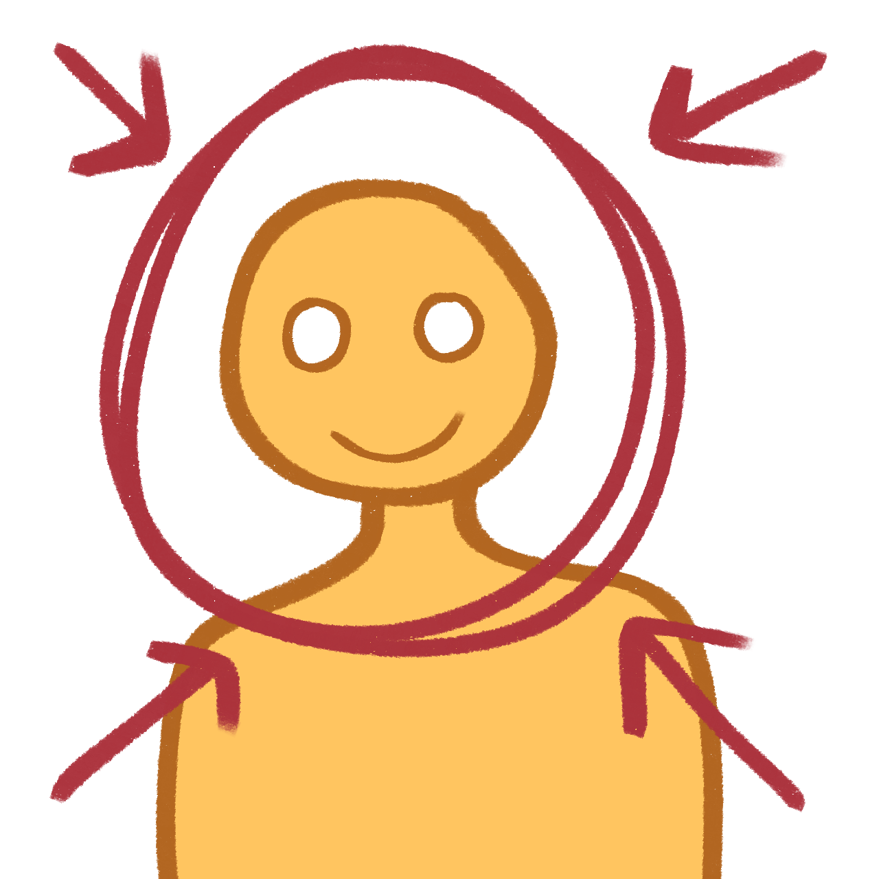 a smiling yellow figure cirled in red with four red arrows pointing to them