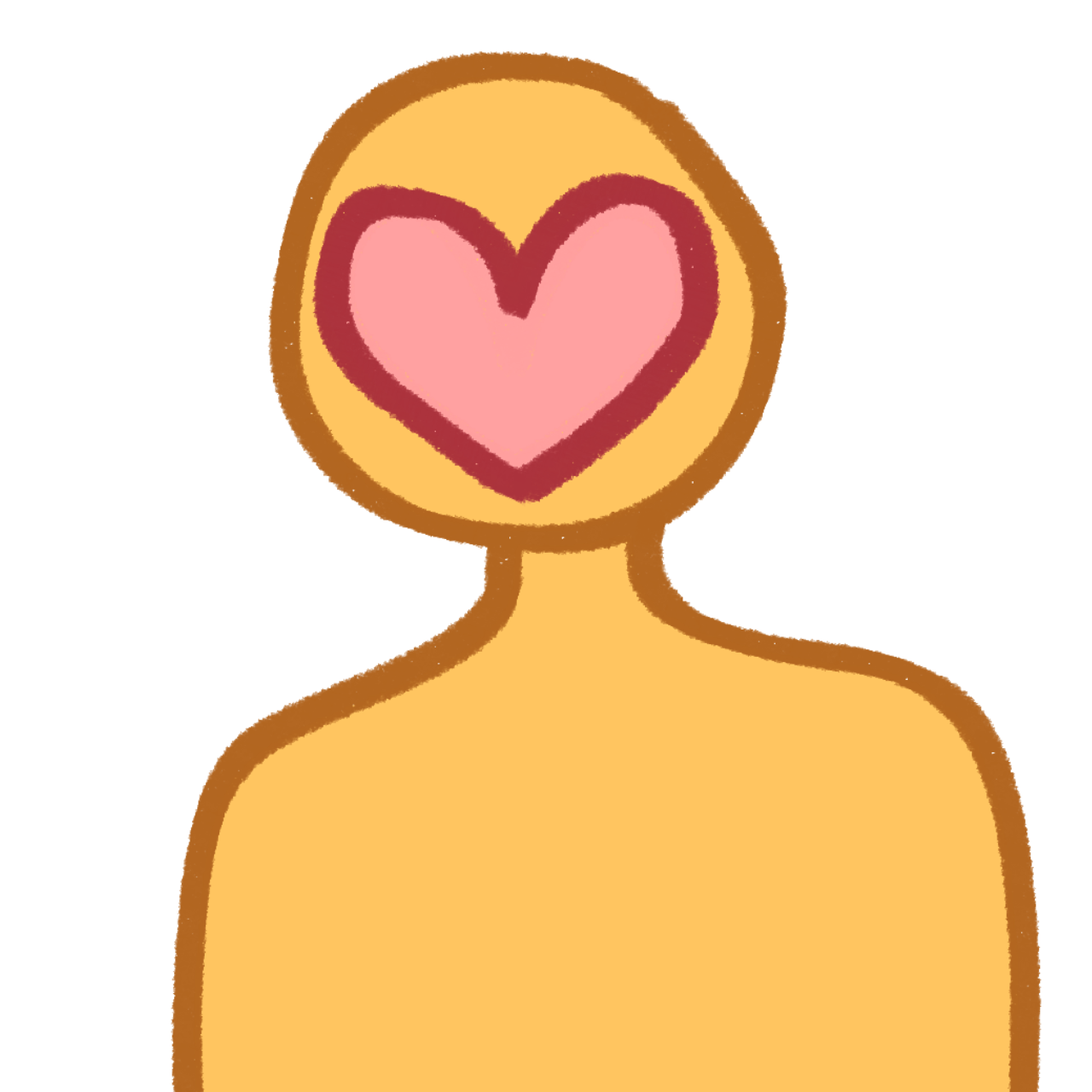 a yellow figure with a pink heart over their face