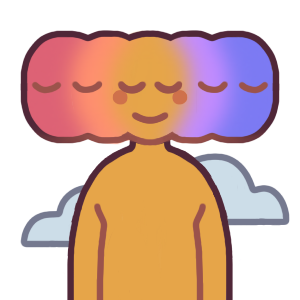 a figure whose head is almost copy/pasted next to a bunch of other, differently colored faces, and the colors blend into each other. Behind them around the shoulders are a few clouds to represent dissociation.