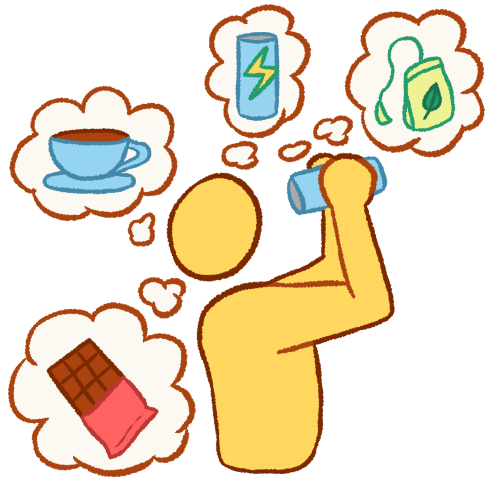 a digitally drawn emoji of an emoji yellow person holding a can up to their mouth with two hands and drinking it. around them are four thought bubbles, one containing a chocolate bar, one containing a cup of coffee, one containing an energy drink, and the last one containing a tea bag.