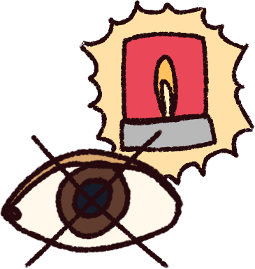 a red siren light with a yellow aura around it, and a brown eye crossed out.