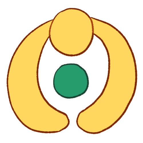 An abstract drawing of an emoji yellow person with their arms around a green circle, as though looking at a hug from above.