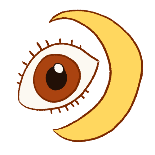 A drawing of a brown eye next to a crescent moon.