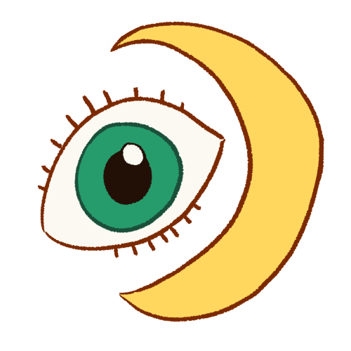 A drawing of a green eye next to a crescent moon.