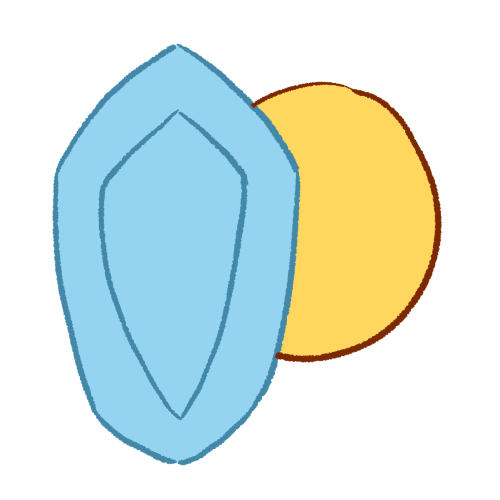 A drawing of an emoji yellow head behind a light blue shield.