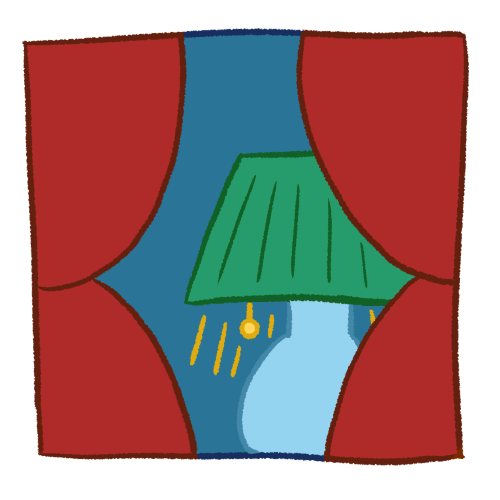  A drawing of an open window with red curtains pulled to the side. Inside is a lit blue and green lamp.